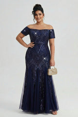 Curveins Plus Size Off-Shoulder Sequin Bodycon Maxi Dress with Pleated Hem