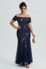 Curveins Plus Size Off-Shoulder Sequin Bodycon Maxi Dress with Pleated Hem