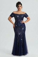 Curveins Plus Size Off-Shoulder Sequin Bodycon Maxi Dress with Pleated Hem