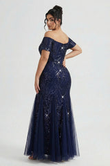 Curveins Plus Size Off-Shoulder Sequin Bodycon Maxi Dress with Pleated Hem