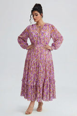 Curveins Plus Size V-Neck Floral Waist-Cinching Maxi Dress with Lantern Sleeves