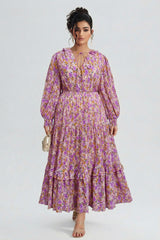 Curveins Plus Size V-Neck Floral Waist-Cinching Maxi Dress with Lantern Sleeves