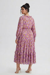 Curveins Plus Size V-Neck Floral Waist-Cinching Maxi Dress with Lantern Sleeves