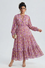 Curveins Plus Size V-Neck Floral Waist-Cinching Maxi Dress with Lantern Sleeves