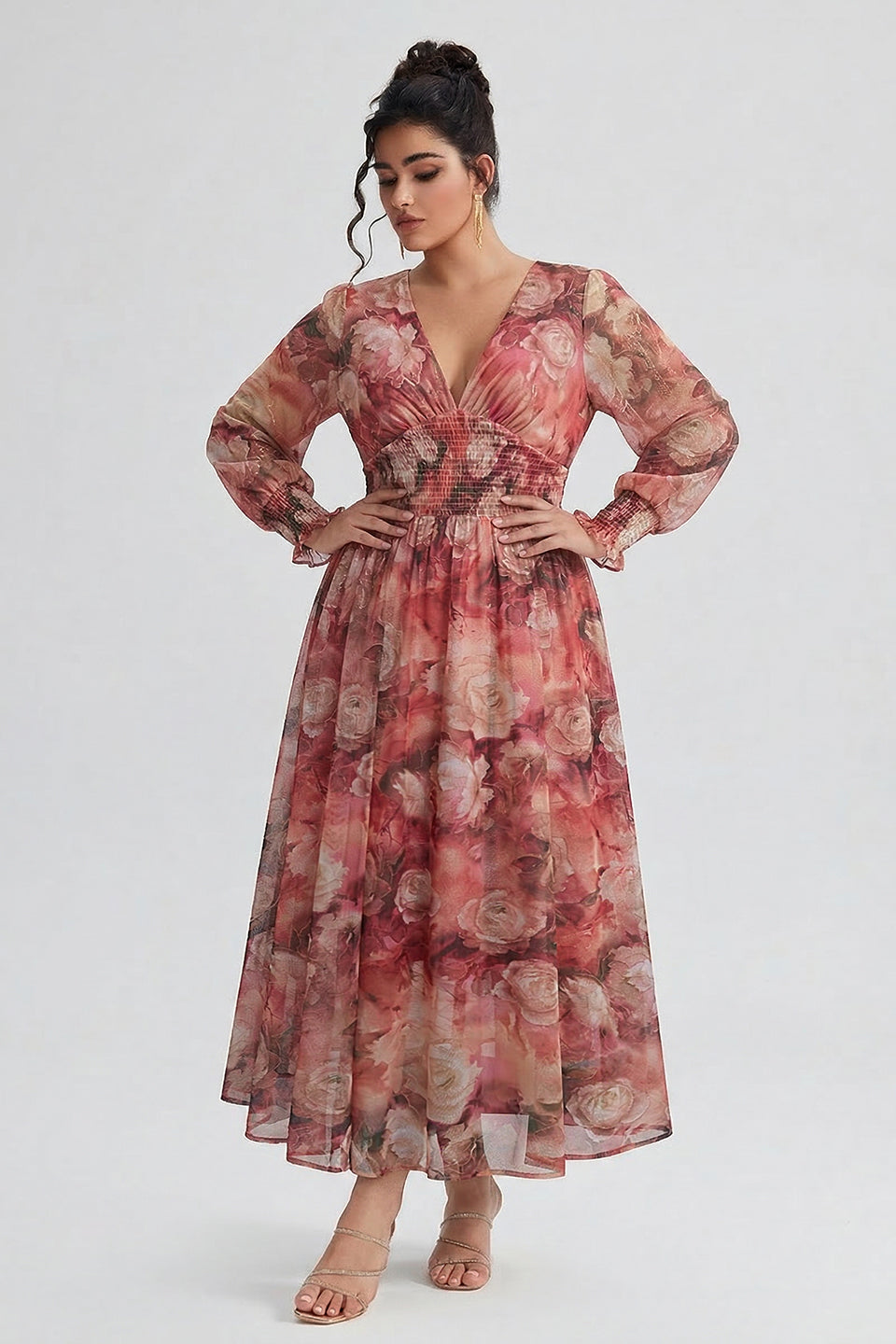 Curveins Plus Size V Neck Long Sleeve Floral Waist Maxi Dress