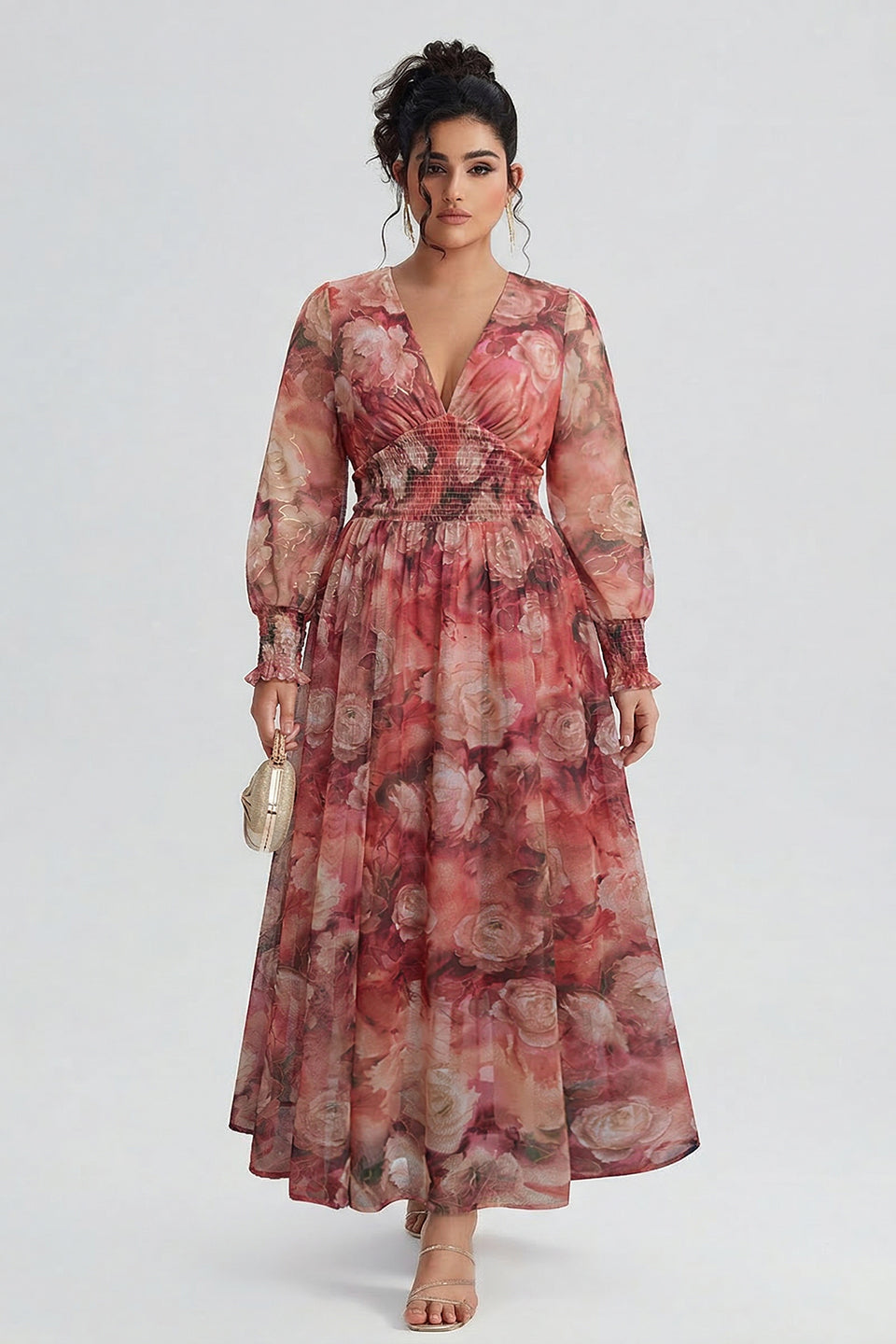 Curveins Plus Size V Neck Long Sleeve Floral Waist Maxi Dress