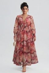 Curveins Plus Size V Neck Long Sleeve Floral Waist Maxi Dress