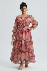 Curveins Plus Size V Neck Long Sleeve Floral Waist Maxi Dress