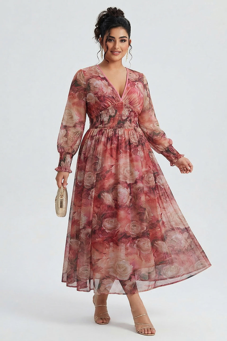 Curveins Plus Size V Neck Long Sleeve Floral Waist Maxi Dress