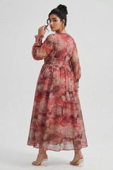 Curveins Plus Size V Neck Long Sleeve Floral Waist Maxi Dress