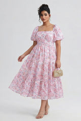 Curveins Plus Size Lantern Sleeves Square Neckline Floral Maxi Dress
