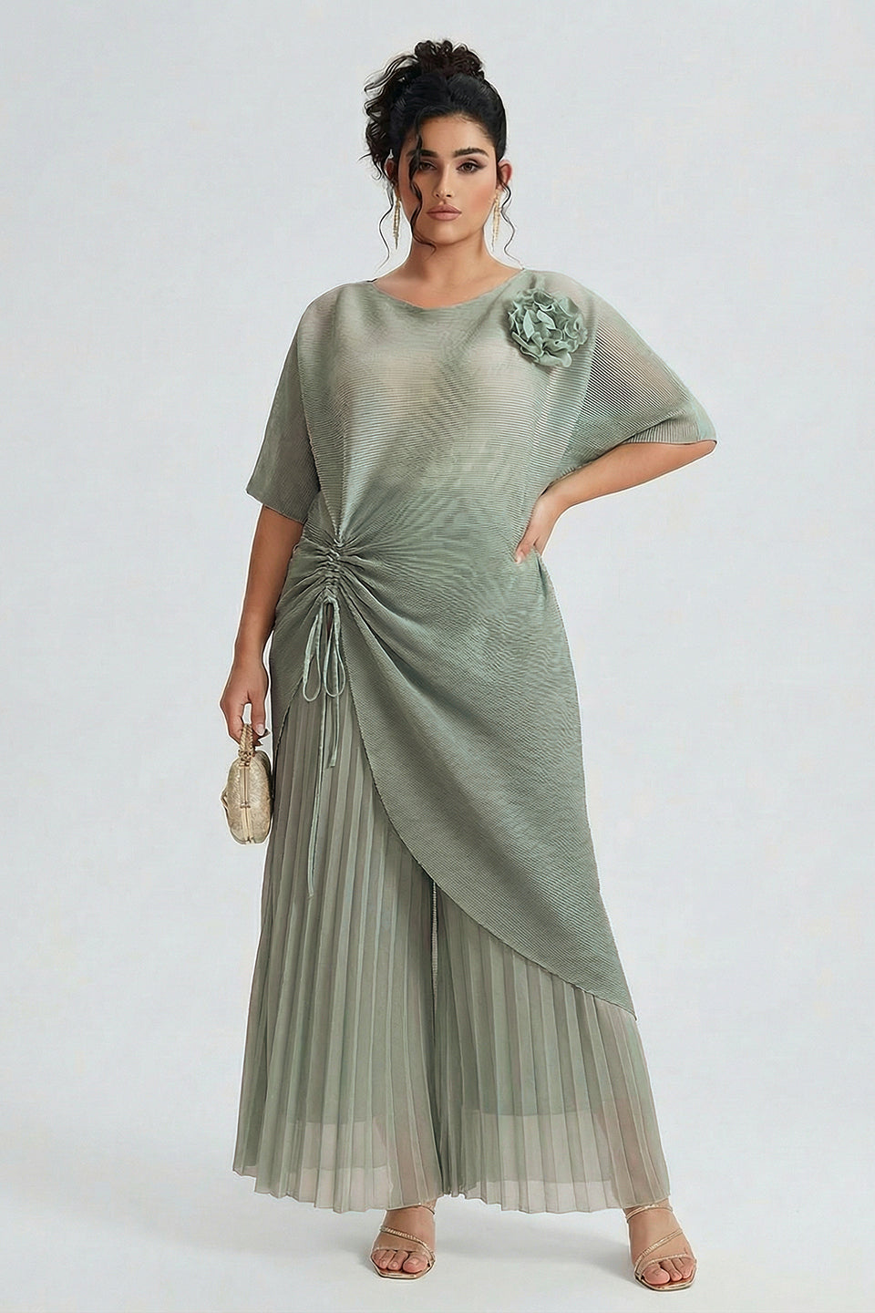 Curveins Plus Size Round Neck Short Sleeve Robe and Wide-Leg Pants Set