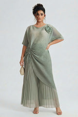 Curveins Plus Size Round Neck Short Sleeve Robe and Wide-Leg Pants Set