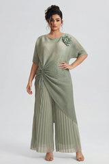 Curveins Plus Size Round Neck Short Sleeve Robe and Wide-Leg Pants Set