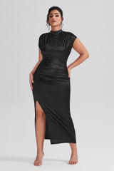 Plus Size Satin High-Waisted Green Maxi Dress