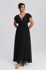 Curveins Plus Size V-Neck Ruffle Sleeve Split A-Line Maxi Dress