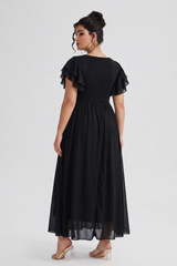 Curveins Plus Size V-Neck Ruffle Sleeve Split A-Line Maxi Dress