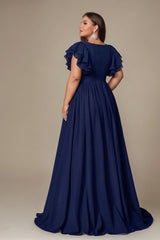 Curveins Plus Size V-Neck Ruffle Sleeve Split A-Line Maxi Dress