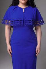 Curveins Plus Size Round Neck Hollow Lace Cape Overlay Bodycon Midi Dress