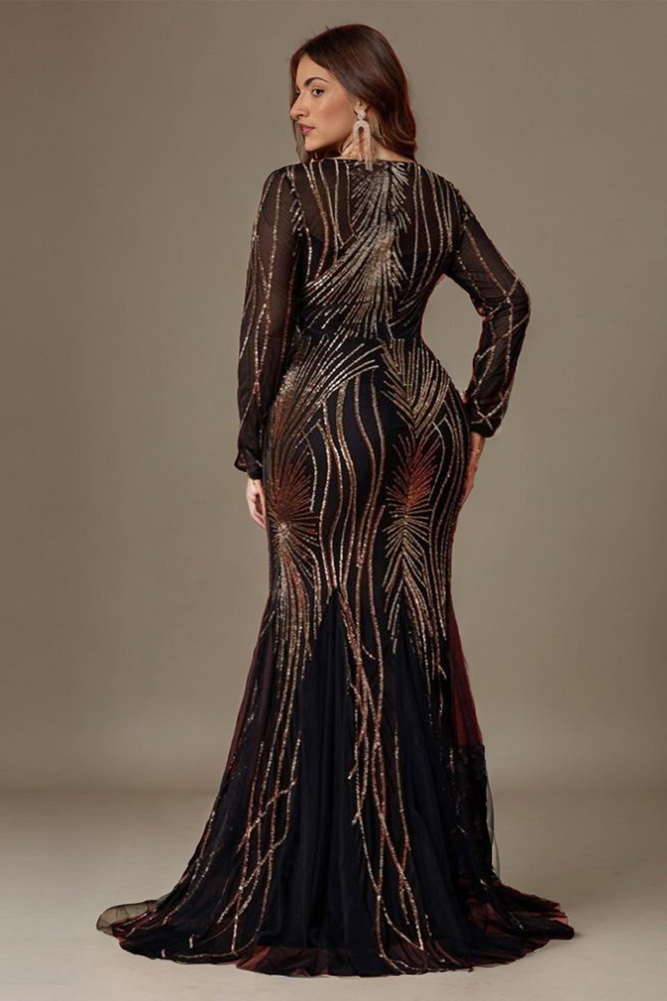 Curveins Plus Size Round Neck Long Sleeve Sequin Bodycon Maxi Dress