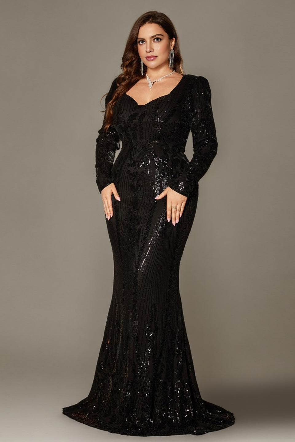 Curveins Elegant Plus Size V-Neck Floral Long Sleeve Sequin Bodycon Dress