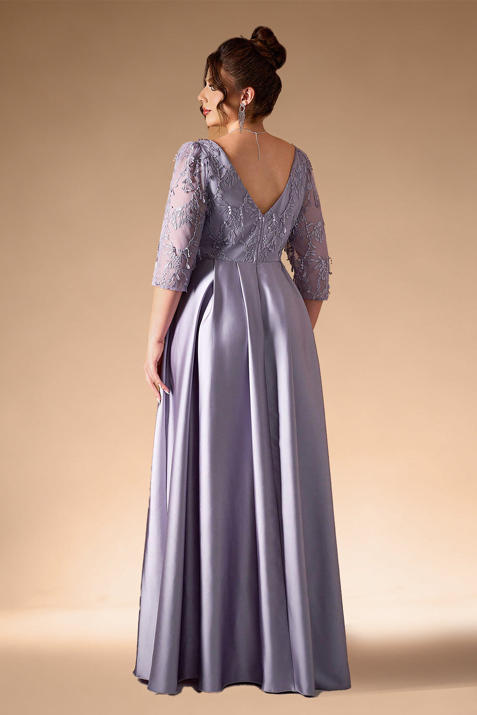 Curveins Plus Size Elegant V-Neck Embroidery Half-Sleeve Slimming Maxi Dress