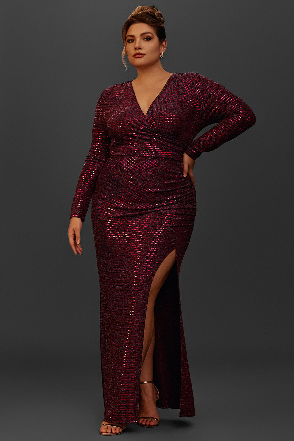 Curveins Plus Size Long Sleeve Solid Color Metallic Sequin Maxi Dress