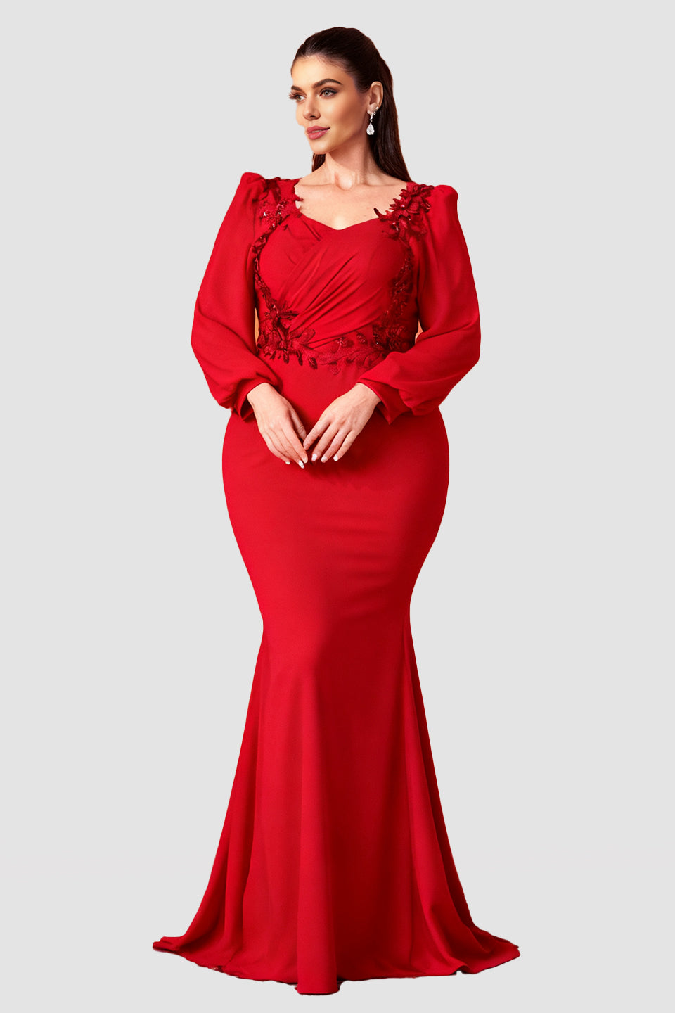 Curveins Plus Size Elegant V-Neck Sequin Floral Lantern Sleeve Slimming Maxi Dress