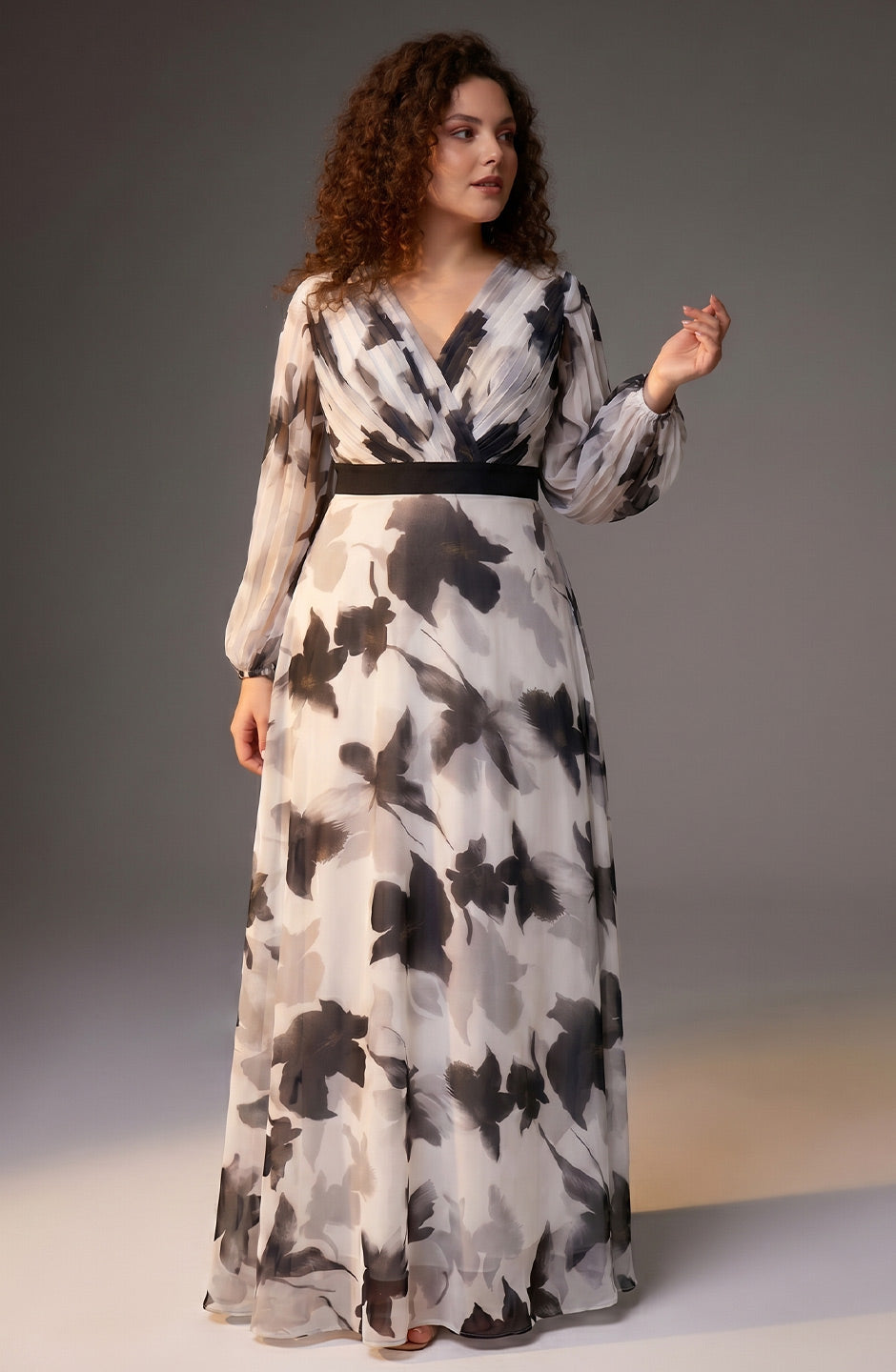 Curveins Plus Size V Neck Maple Leaf Print Long Sleeve Belted Maxi Dress