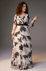 Curveins Plus Size V Neck Maple Leaf Print Long Sleeve Belted Maxi Dress