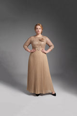 Curveins Plus Size Chic Round Neck Ruched Detail Long Sleeve Maxi Dress