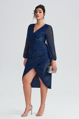 Curveins Plus Size Lantern Sleeve Wrap Sequin Mesh Dress