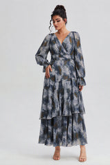 Curveins Plus Size V Neck Lantern Sleeve Cinched Waist Elegant Maxi Dress