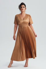 Curveins Plus Size Satin Ruched Elegant V-Neck Maxi Dress