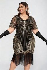 Curveins 1920s Gold Ruby Plus Size Striped Sequin Fringe Flapper Midi Dress