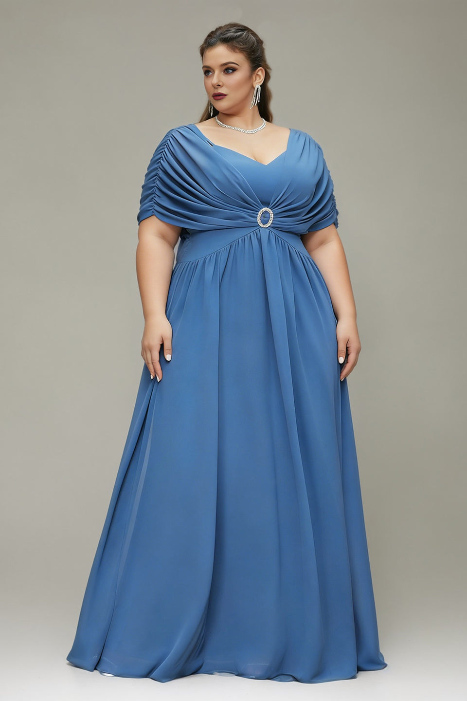 Curveins Plus Size Off Shoulder Waist-Defined Solid Color Maxi Dress