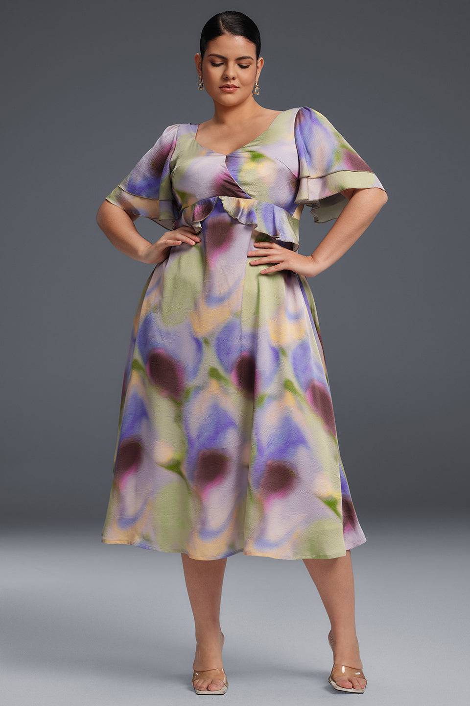 plus size layered dress Blue Geometric Print Ruffled Short Sleeve Plus Size Tiered Maxi Dress Blue / 2X / 100%Polyester by Blue Zone Planet