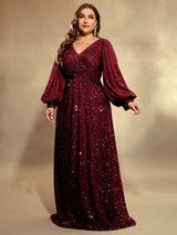 Curveins Plus Size Sequin V Neck Lantern Sleeve Maxi Dress