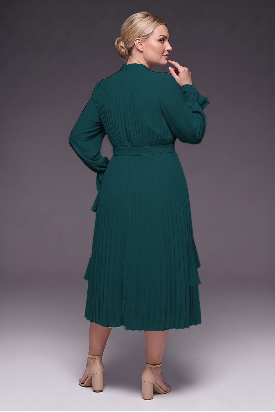 Curveins Plus Size Long Sleeve Ruffle Detail Pleated Asymmetrical Hem Midi Dress