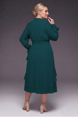 Curveins Plus Size Long Sleeve Ruffle Detail Pleated Asymmetrical Hem Midi Dress