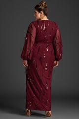 Curveins Plus Size Lantern Sleeve Slit Mesh Dress -Burgundy