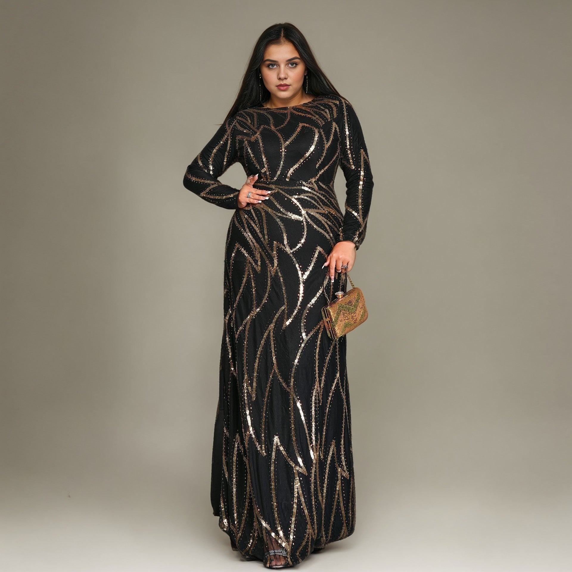 Curveins Plus Size Round Neck Long Sleeve Sexy Sequin Maxi Party Dress