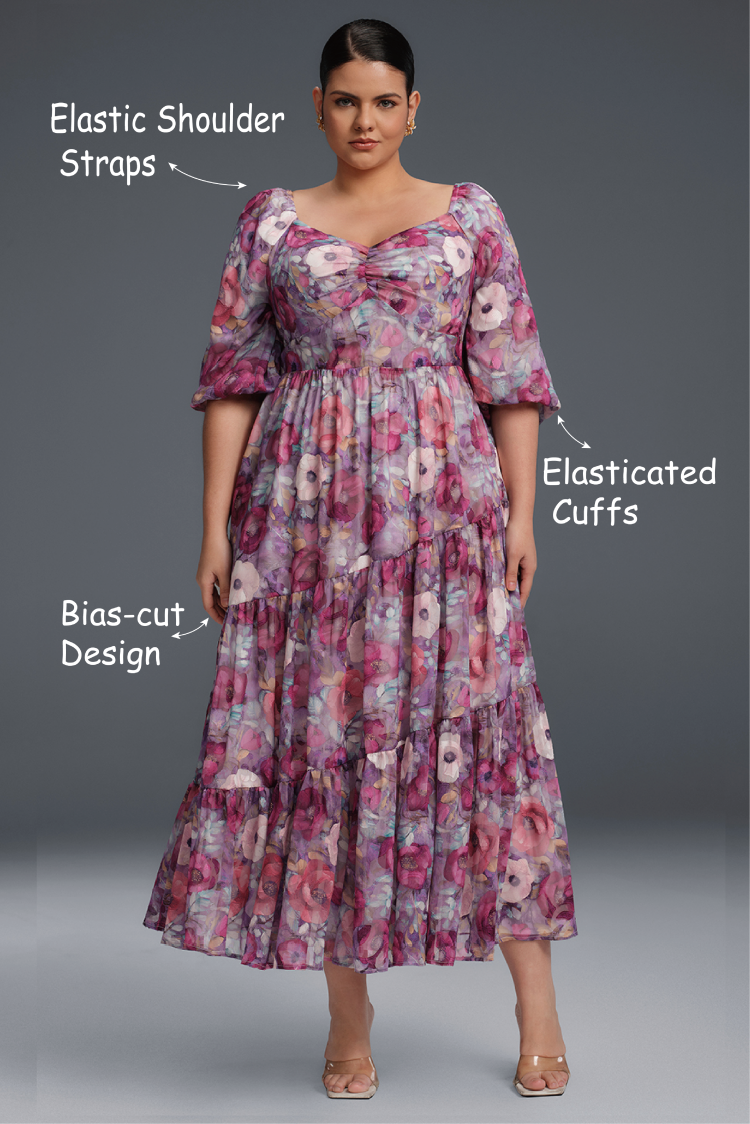 Curveins Plus Size V-Neck Flower Print Pleated Maxi Dress