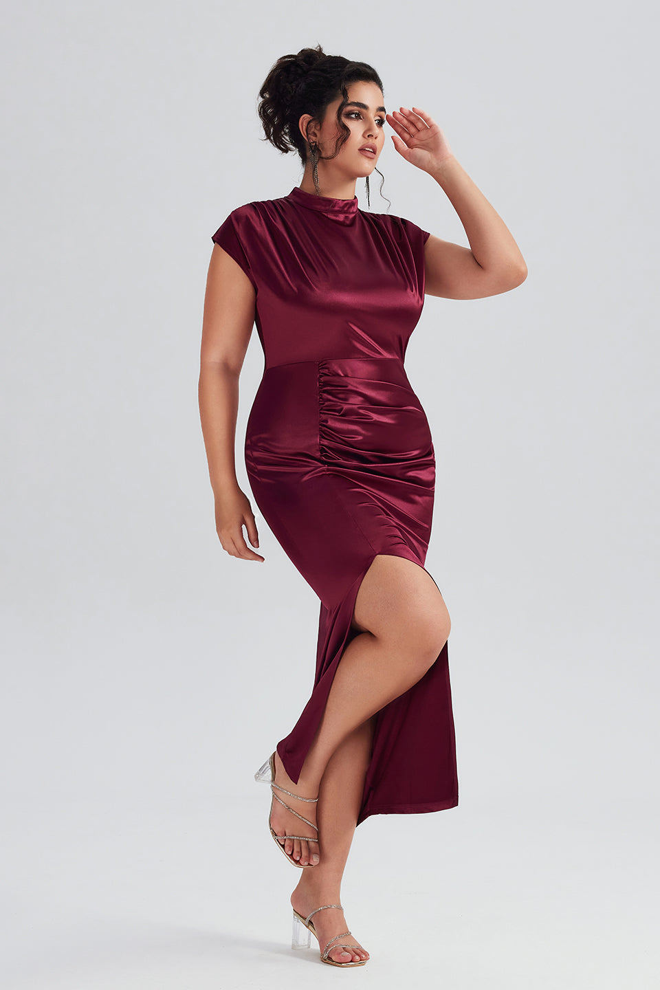 Curveins Plus Size Satin High-Waisted Ruched Slit Maxi Dress