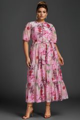 Curveins Plus Size Round Neck Floral Wrap Waist Tiered Maxi Dress