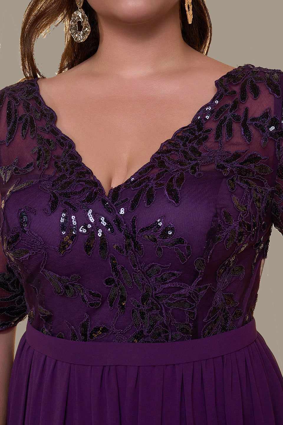 Curveins Plus Size V-Neck Sequin Floral Patchwork Maxi Dress