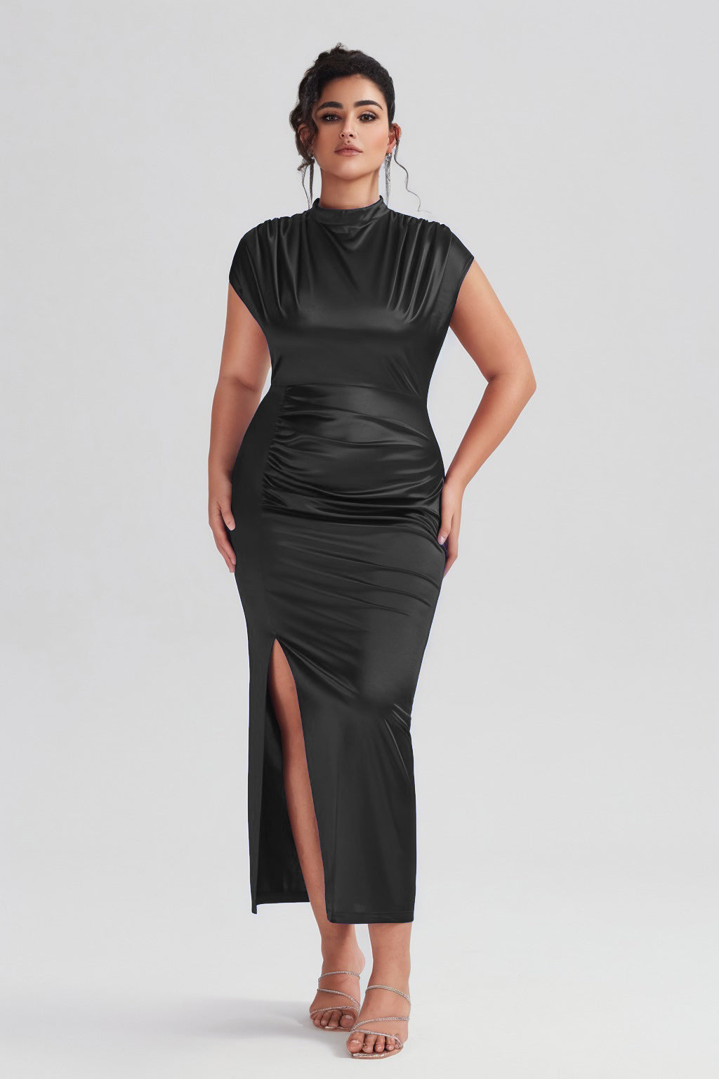 Plus Size Satin High-Waisted Black Maxi Dress