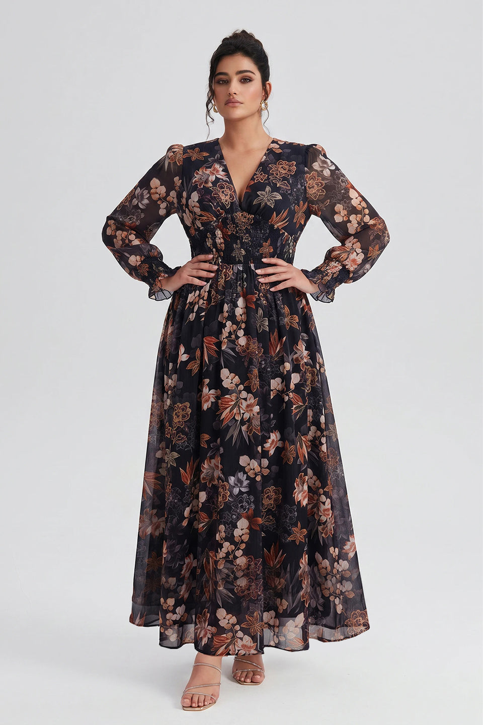 Curveins Plus Size V Neck Long Sleeve Floral Waist Maxi Dress 14-16/1X / Black