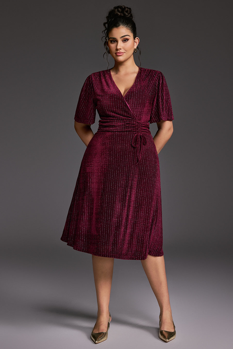 Curveins Plus Size V-Neck Short Sleeve Waist-Tie Velvet Midi Dress