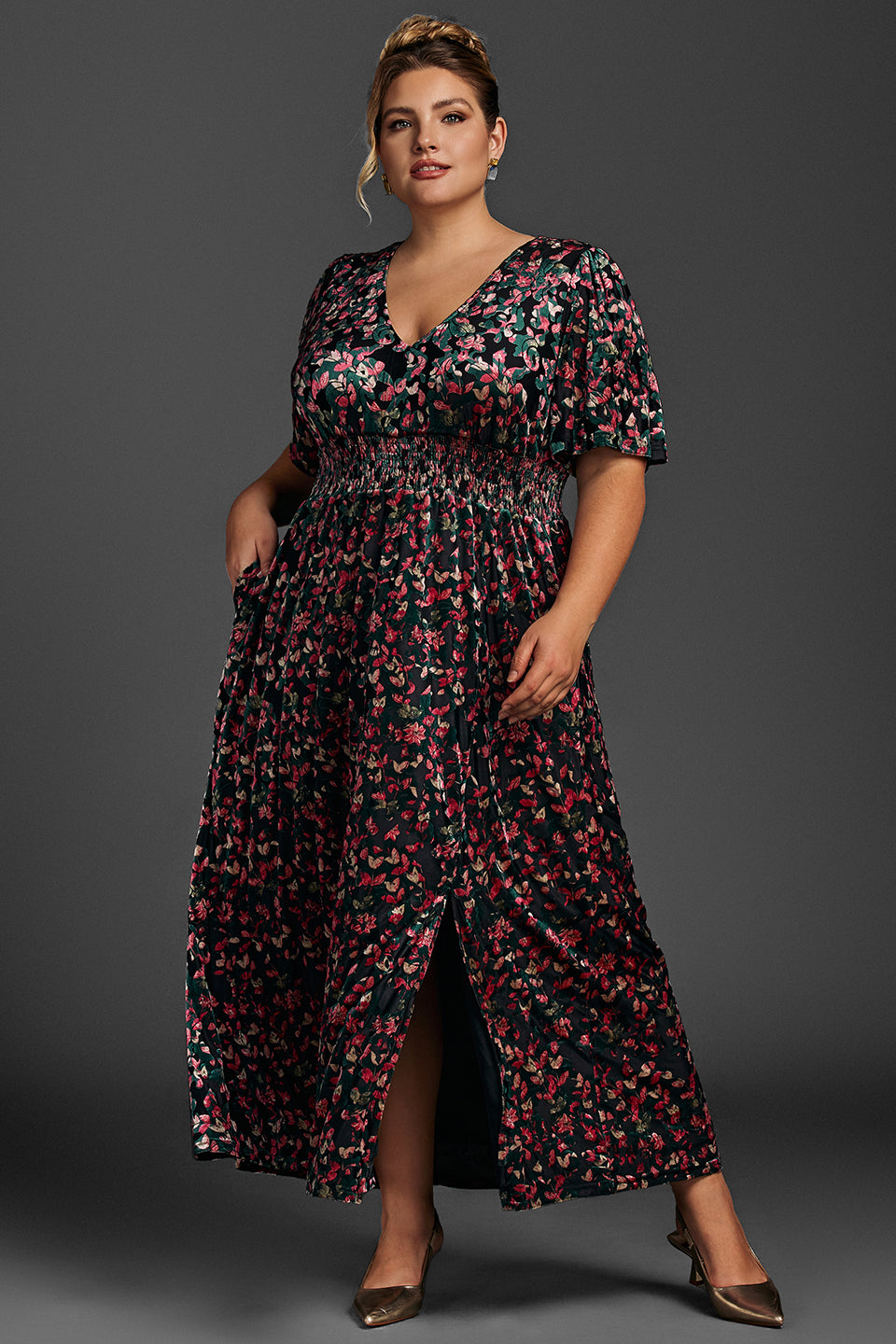 Curveins Plus Size Black Floral Velvet Maxi Dress with V-neckline, cinched waist, and flowy silhouette - Perfect for weddings and evening galas.